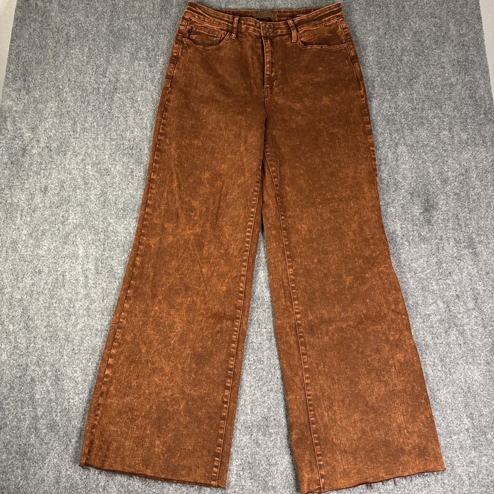 Judy Blue Retro-Wide Leg Raw Hem Jeans Garment Dyed Brown Women's Size 15/32